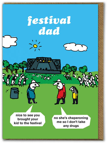 The front of the card shows two cartoon dads talking at a festival