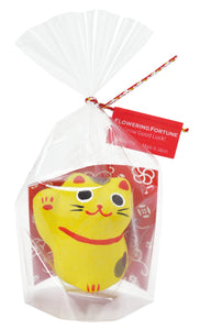 One yellow little lucky cat in cellophane packaging.  With a label tied on reading “Flowering Fortune.  Grow good luck.  Made in Japan”