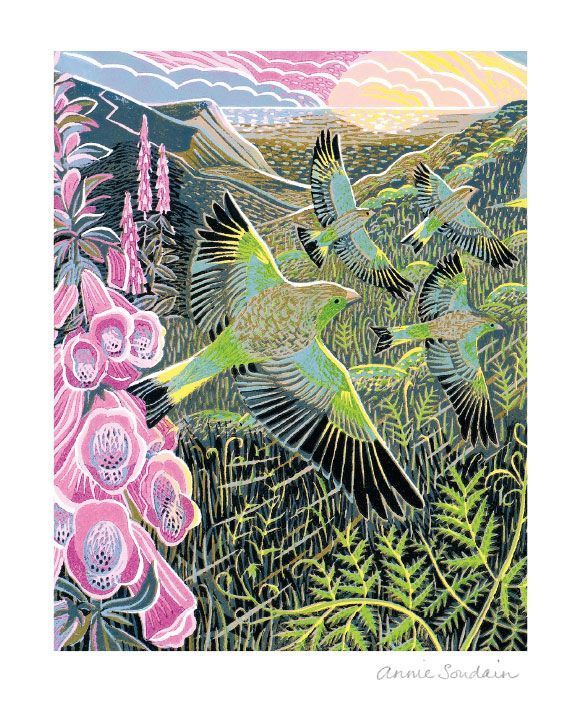 four finches can be seen flying in the foreground, behind foxgloves and ferns can be seen with hills and a little glimpse of the sea in the background.  The light of the setting sun can be seen on the colouring of the birds and the greenery.