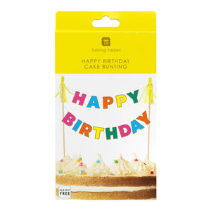 the product is seen in it's packaging which has a photo of the product on a cake.  The Cardboard packaging has a yellow header which reads "Happy Birthday Cake Bunting"