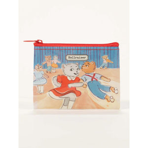 coin purse with zipper at the top featuring 2 cats do  si do ing on a dance floor and the words "hellraiser" above them