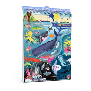 This sketchbook by Eeboo has a beautiful, colourful front cover with an illustration by Linda Bleck of an ocean scene with a whale in the centre and many other sea creatures all around.  At the top there are ships and boats and a volcanic island.