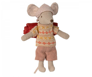 toy nouse wearing a fairisle patterned jumper and pale pink shorts.  On her head she has gingham red checked hankerchief and o n her bag she has a rolled up red sleeping bag which is attached to her by elastic carrying straps