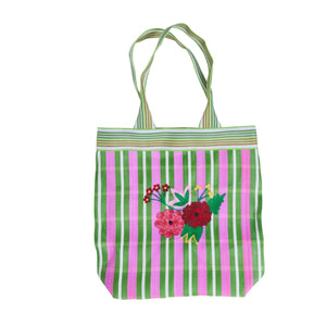 Recycled Plastic Shopping Bag with Embroidered Flower Stripes