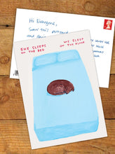 Load image into Gallery viewer, David Shrigley Postcard, She Sleeps On The Bed
