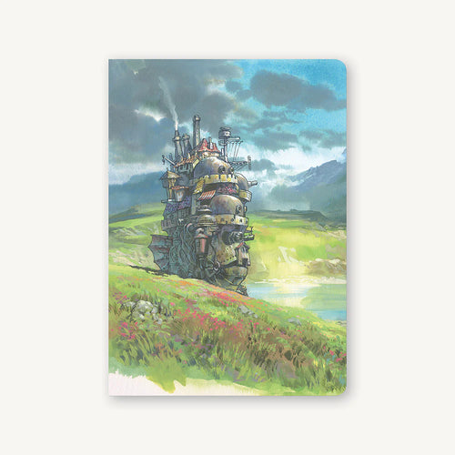 Note book cover illustrated with fantasy landscape and howls moving castle 