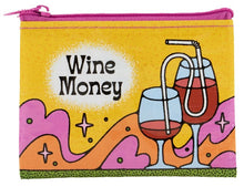 Load image into Gallery viewer, A yellow purse with pink zip reads &#39;wine money&#39; and illustrated with image of two glasses or red with long curly straw
