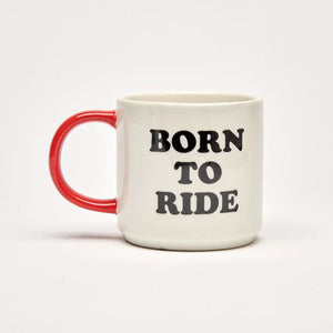 The back of the mug has the words "Born to ride" in bold writing. 