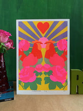 Load image into Gallery viewer, Roosters in Love A4 Riso Print by Mahin Hussain
