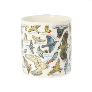 Illustrations of different British birds span the whole of the mug. 