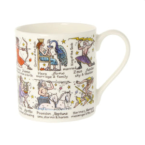 Illustrations of gods and goddesses span the whole of the mug. Each deity has both Greek and Roman names listed, plus a few words about each.
