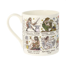 Load image into Gallery viewer, Illustrations of gods and goddesses span the whole of the mug. Each deity has both Greek and Roman names listed, plus a few words about each.
