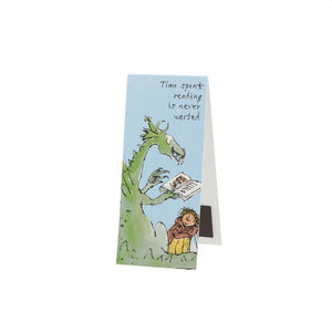 The front of the bookmark features Quentin Blake's illustration of a dragon reading to a child with the words "time spent reading is never wasted".