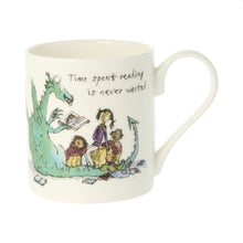 Load image into Gallery viewer, The front of the mug features Quentin Blake&#39;s illustration of a dragon reading to children with the words &quot;Time spent reading is never wasted&quot;.
