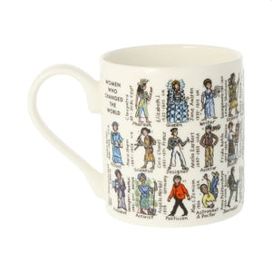 Illustrations of woman that changed the words with their name, date and a couple words about them span the whole of the mug.