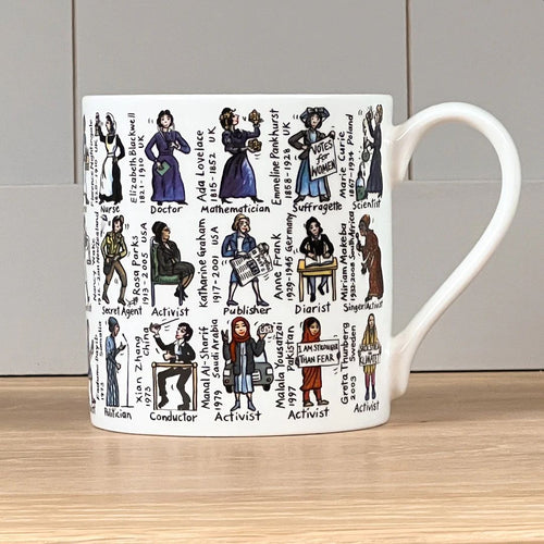 Illustrations of woman that changed the words with their name, date and a couple words about them span the whole of the mug.
