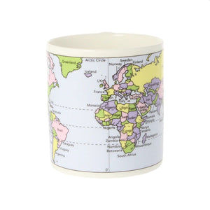 the front of the world map mug
