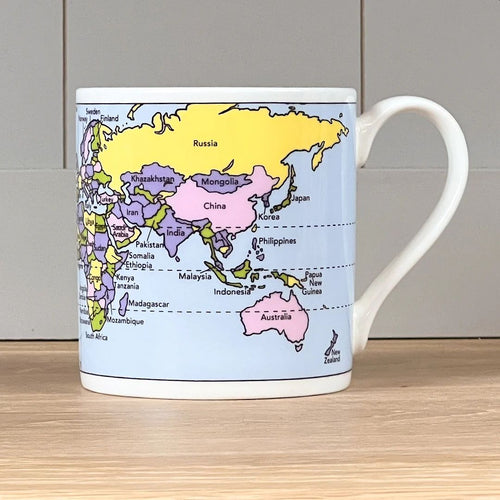 The side angle of the world map mug.