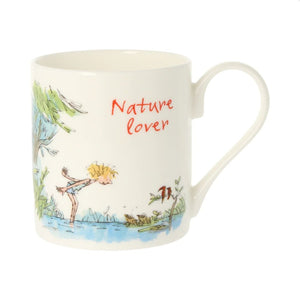 The front of the mug with a Quentin Blake illustration of a woman looking at frogs.