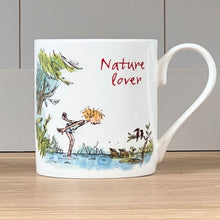 Load image into Gallery viewer, The front of the mug with a Quentin Blake illustration of a woman looking at frogs.
