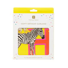 Load image into Gallery viewer, the bunting is photographed in it&#39;s cardboard packaging, which has a cut out window through which a brightly coloured letter H can be seen embeliished with a Zebra in a party hat with a monkey on his back
