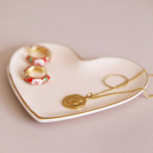 Load image into Gallery viewer, Pink Heart Trinket Dish by Lisa Angel | £7.99. A sweet heart-shaped ceramic trinket dish with a soft pink finish and metallic gold edging.
