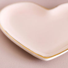 Load image into Gallery viewer, Pink Heart Trinket Dish by Lisa Angel | £7.99. A sweet heart-shaped ceramic trinket dish with a soft pink finish and metallic gold edging.
