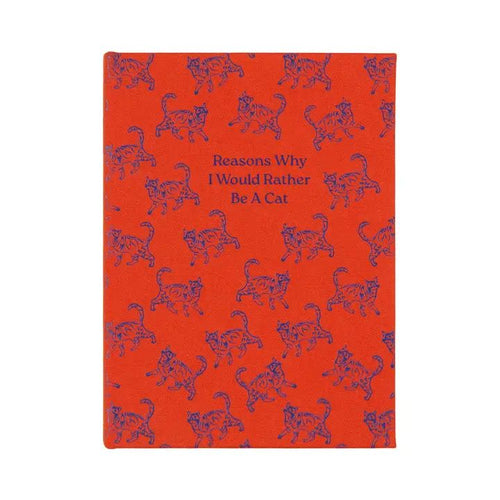 the cover of the notebook ihas a bright red background with a repeating pattern of cats walking in different directions in blue.  it has a title which reads 