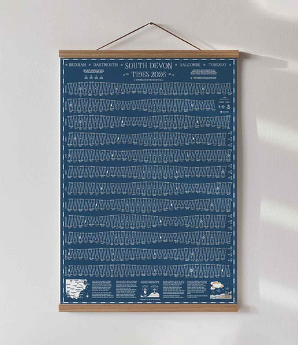 Dark blue tidal chart poster, hanging in an oak poster hanging kit on a white wall