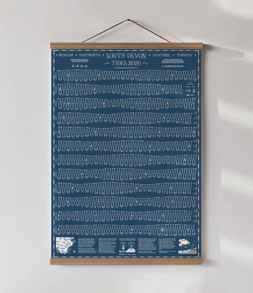 Dark blue tidal chart poster, hanging in an oak poster hanging kit on a white wall