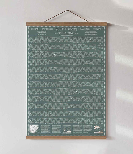 grey green tide chart can be seen hanging on the wall in an oak wood poster hanger