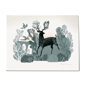 A3 print of a black hand illustrated stag on a grey and white background. The stag is surrounded by trees and two flying pheasants.