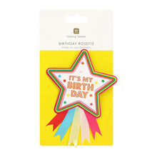 Load image into Gallery viewer, Star shaped rosette badge with colourful ribbon strips attached at the bottom Bright colours stand out on a white background
