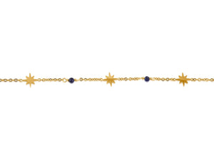 Gold bracelet with star shaped charms and small blue beads on white background
