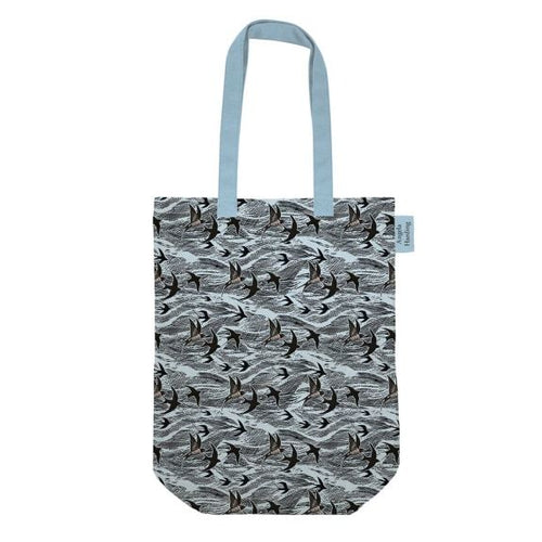 Light Blue background and handles.  The bag has an all over design of waves and swallows