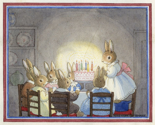 Sweet children’s illustration of 7 young bunnies sitting around a table with a large birthday cake with its’s candles aglow.  One bunny at the head of the table is standing in her chair.