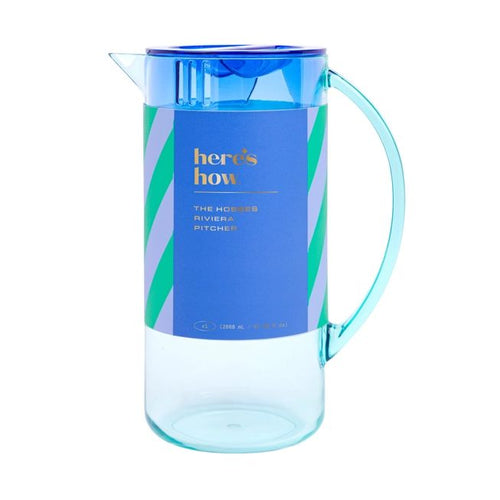 acrylic jug with lid with and ombre tint from cobalt blue at the top to mint at the bottom.