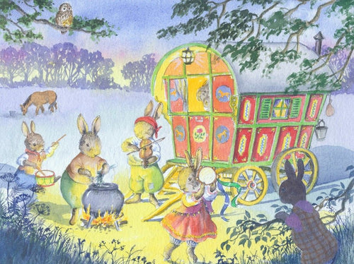 Sweet children’s picture-book illustration of rabbits playing instruments around a bonfire, with a decorated gypsy wagon, and a horse in the field behind and an owl in a branch above