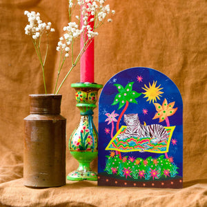 Tiger on Magic Carpet Bell Jar - Greetings Card by Hutch Cassidy