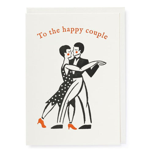 a black and white print of a dancing couple with red details of rosy cheeks and the woman's red shoes.  Above them in red lettering it reads 