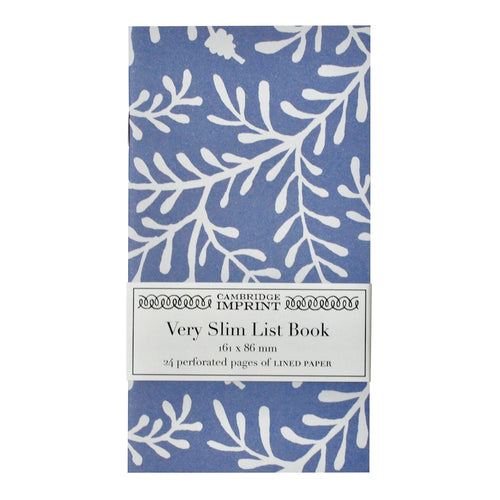 Soft Blue notebook, with pattern of branching leaves in a oaler blue.  Pictured with it's paper wrap around packacking strip with Cambridge Imprint logo and product information