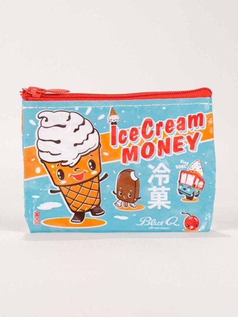 Ice Cream Money Coin Purse by Blue Q, featuring cute smiling ice creams, and a little ice cream van.  It has lettering which reads “ice Cream Money”.  The design is on both sides.