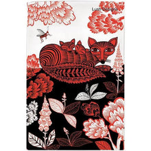 Load image into Gallery viewer, A beautifully designed tea towel featuring a Vixen and her 2 cubs.  The design is in red and black on a white background.  The vixen is lying down surrounded by flowers and trees.  Her cubs are sleeping resting their heads over her back.
