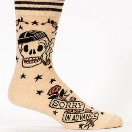 Sorry in Advance Men’s crew Socks by Blue Q | £11.95. Ethical and sustainable socks with quirky, humorous designs and vibrant colours. This design features a skull in a beanie smoking a pipe, and the words “sorry in advance”.   