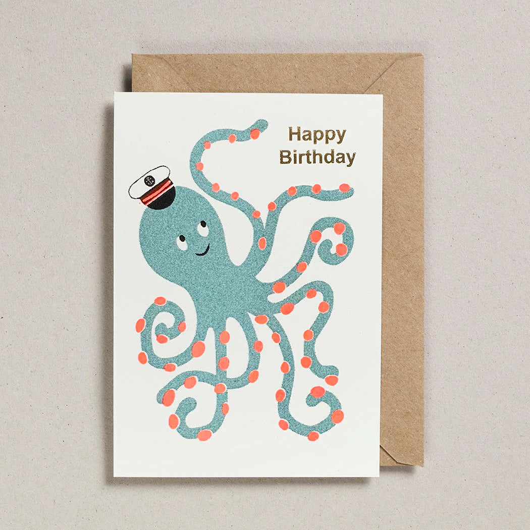 Happy Birthday Octopus Card - Riso Print by Petra Boase