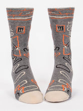 Load image into Gallery viewer, Here Comes Cool Dad Men’s crew Socks by Blue Q | £11.95. Ethical and sustainable socks with quirky, humorous designs and vibrant colours.  This design is in grey featuring a stickman with a thumbs up, abstract patterns and the words “Here comes cool Dad”. Perfect gift for Dads or for Father’s Day. 

