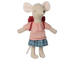 maileg toy mouse wearing a red gingham top, and a larger checked blue on blue skirt.  On her back she has a red satchel