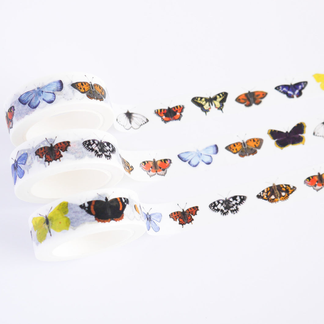 British Butterflies Washi Tape.  realistically illustrated variety of different british butterflied running along the paper tape,  including chalkhill blue, red amiral, brimstone, comma, green veined white, peacock, marbled white, purple emporer and painted lady.