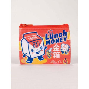 Lunch Money Coin Purse - bright featuring a happy looking little sandwich, banana and food carton with blue lettering that reads “Lunch Money”.