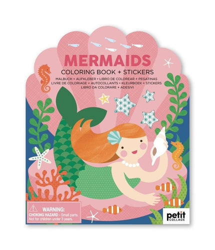 The colouring book has a scallop scallop-shaped top with an illustration of a mermaid. Three cut-out star shapes t the right of the cover